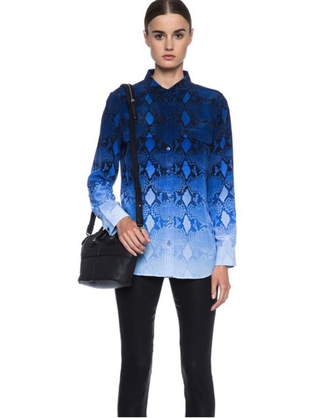 EQUIPMENT 100% Silk Reese Fading Blouse Marine Blue Ombré Snake Print M Like New